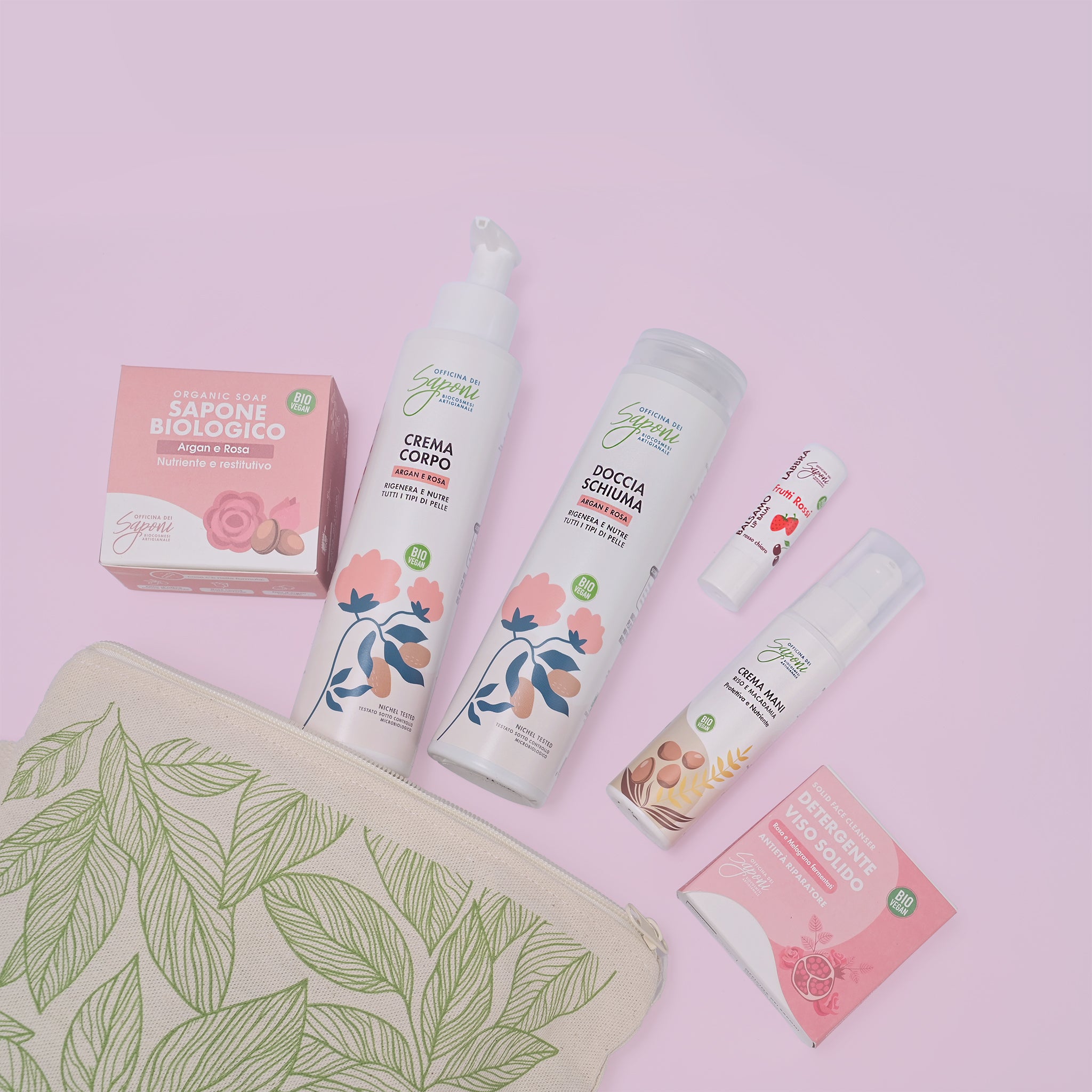 Officina dei Saponi Argan e Rosa Kit Carezza di Rosa 5 pezzi bio