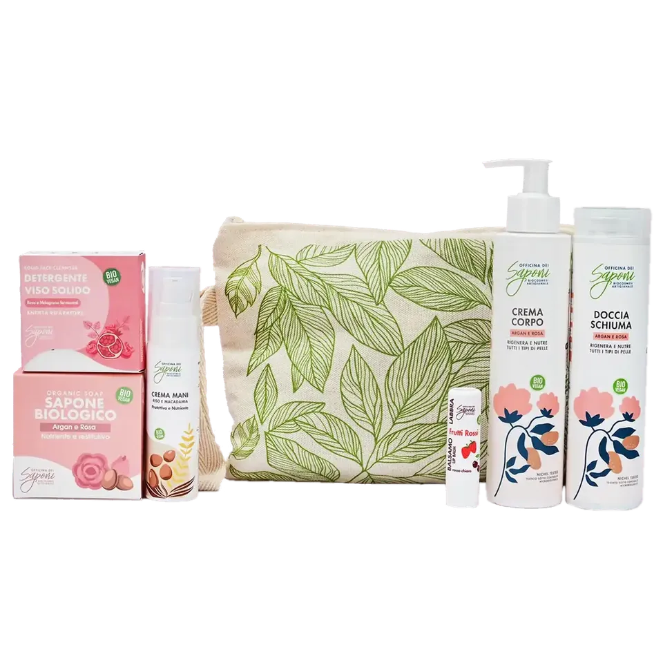 Officina dei Saponi Argan e Rosa Kit Carezza di Rosa 5 pezzi bio